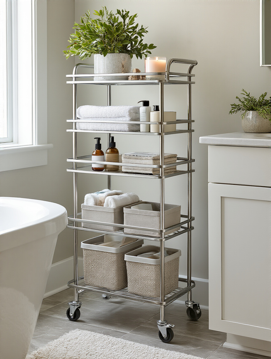 Modern bathroom with a sleek metal rolling cart neatly organized with toiletries and decorative items between vanity and toilet