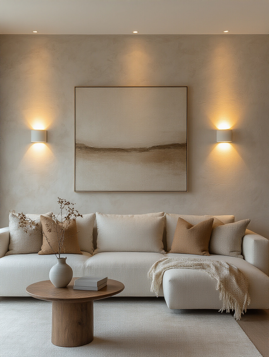 Modern living room with discreet wall-mounted lighting fixtures illuminating textured wall and artwork
