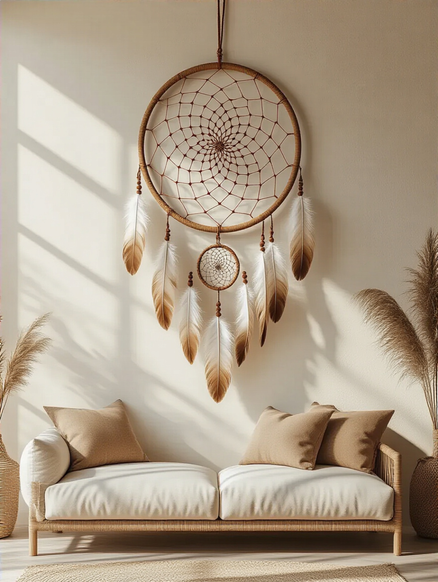 Oversized dream catcher on a neutral boho living room wall creating a serene and calming atmosphere