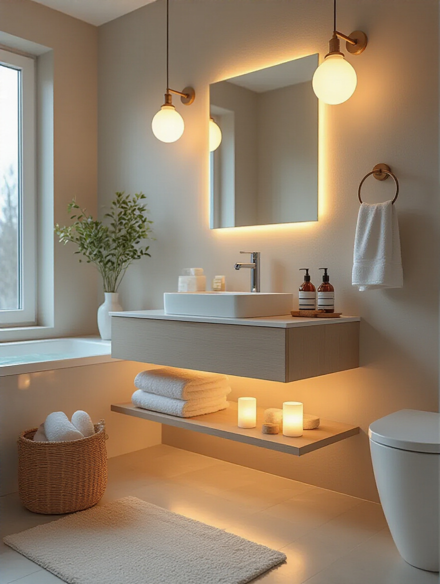 Modern bathroom vanity illuminated with warm dimmable soft bulbs creating a relaxing ambiance