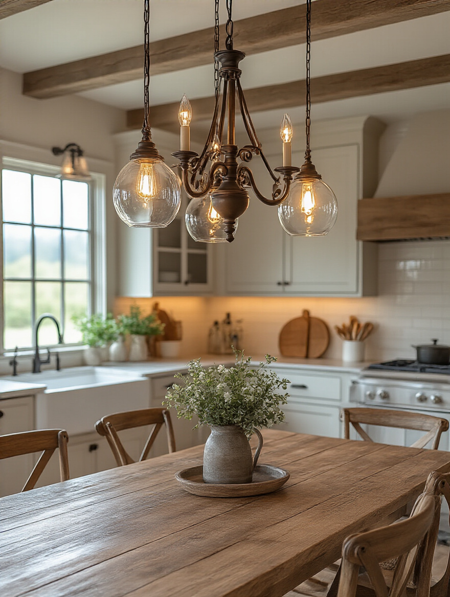 Farmhouse kitchen featuring strategic lighting fixtures and dimmer switches for a warm ambiance.