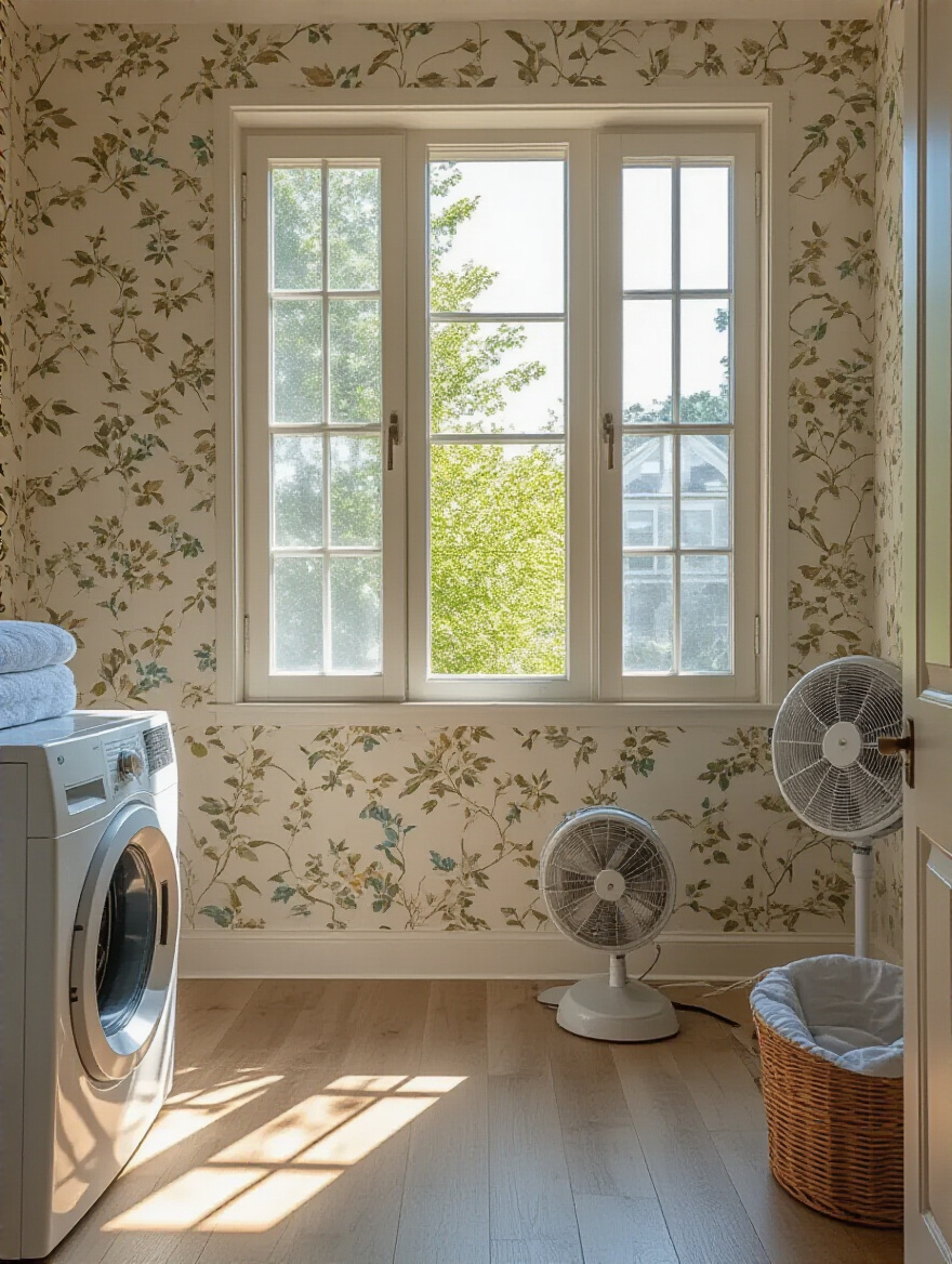 Laundry room with freshly hung wallpaper, open windows and fans providing proper ventilation during wallpaper application