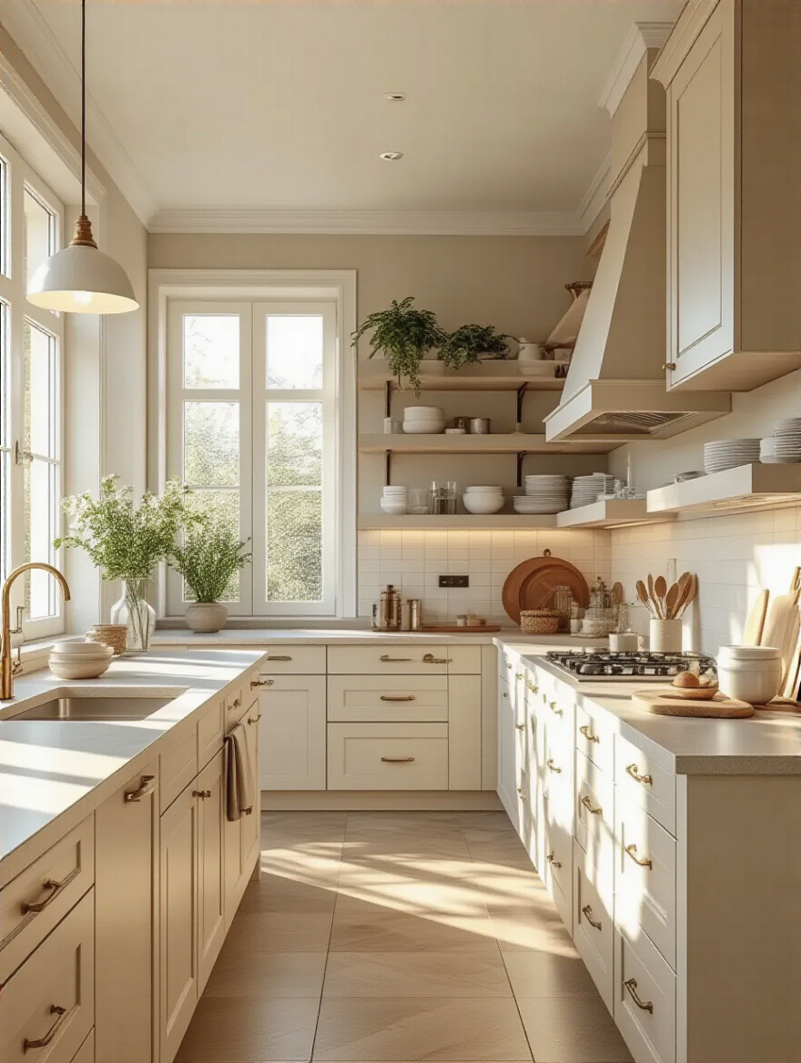 Bright and airy kitchen with light cabinets reflecting natural light, creating a spacious feel.