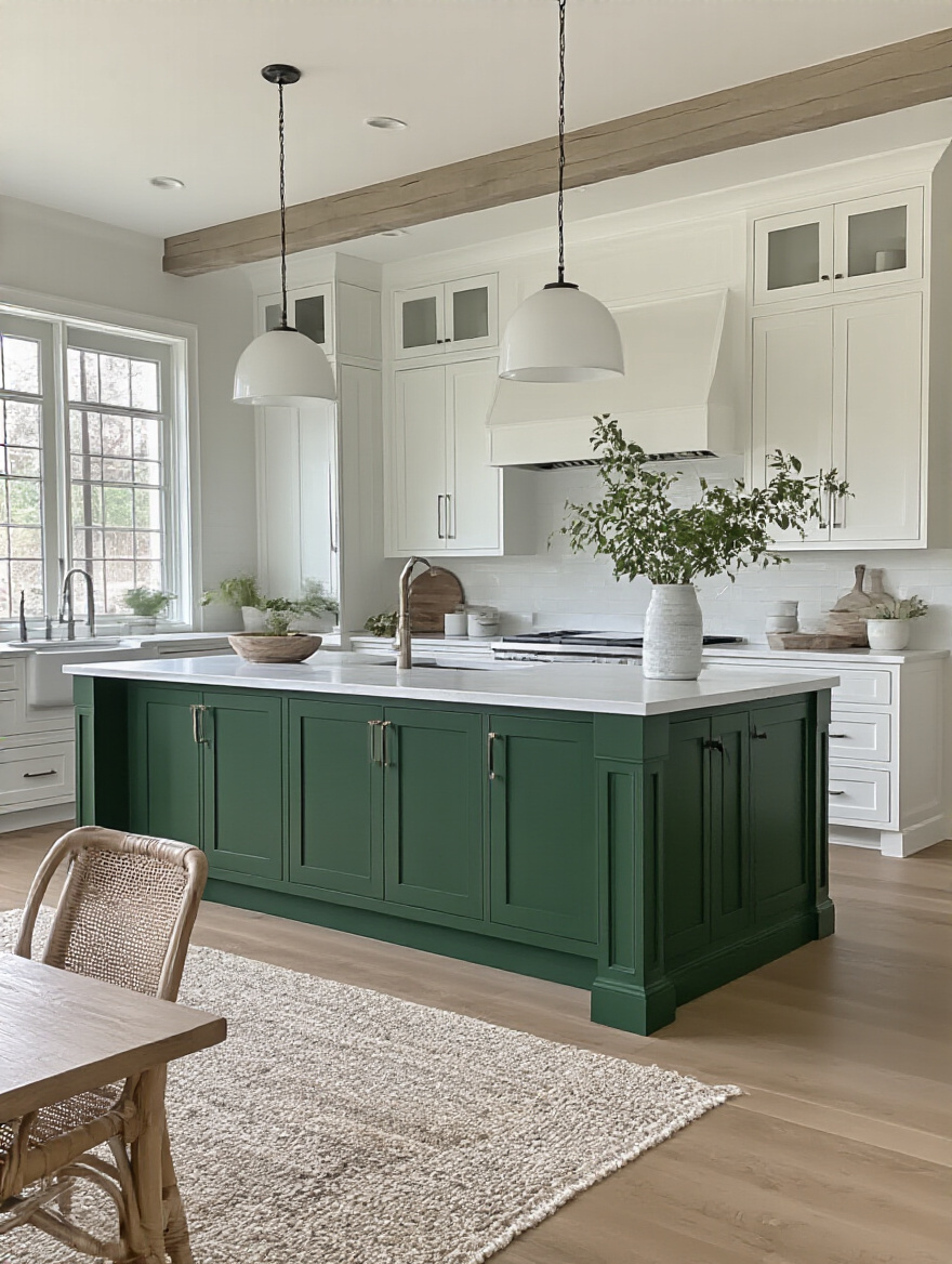 Modern kitchen featuring a bold green island against white cabinetry