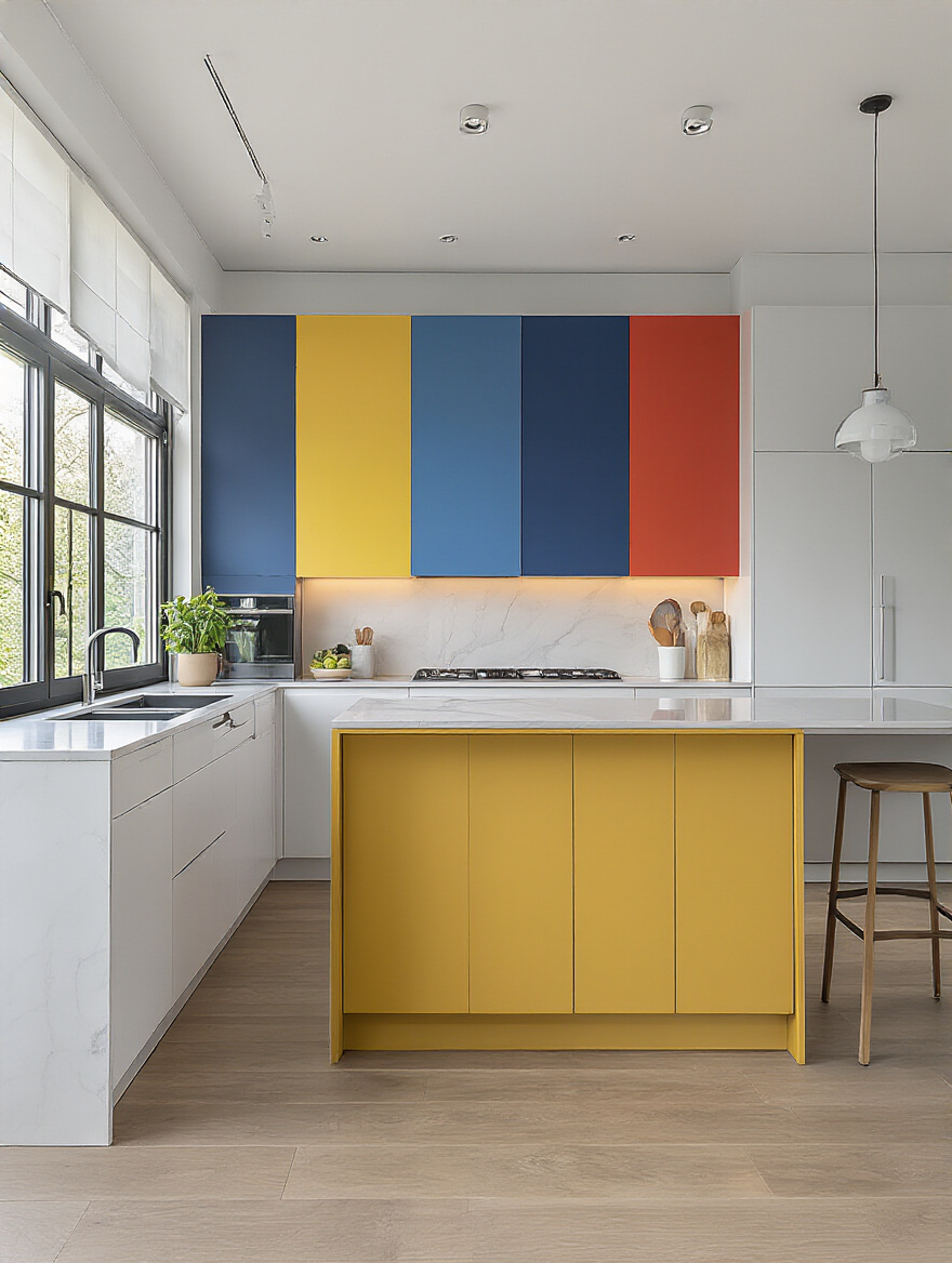 Modern kitchen with bold color blocking design featuring contrasting cabinetry and island in a sophisticated, contemporary style