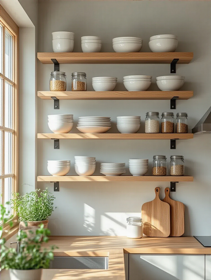 Modern kitchen with floating oak open shelving displaying white dishes and glass jars for accessible storage and decorative display
