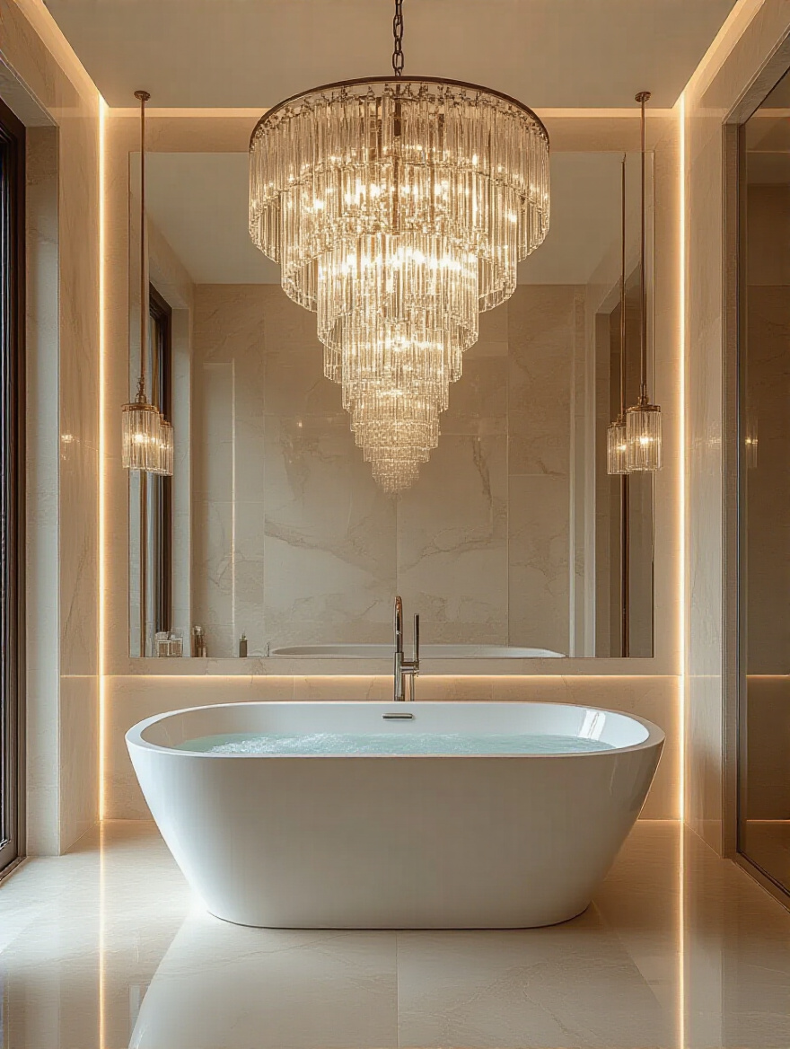 Modern bathroom with a large statement chandelier above freestanding bathtub, warm ambient lighting creating a spa-like ambiance