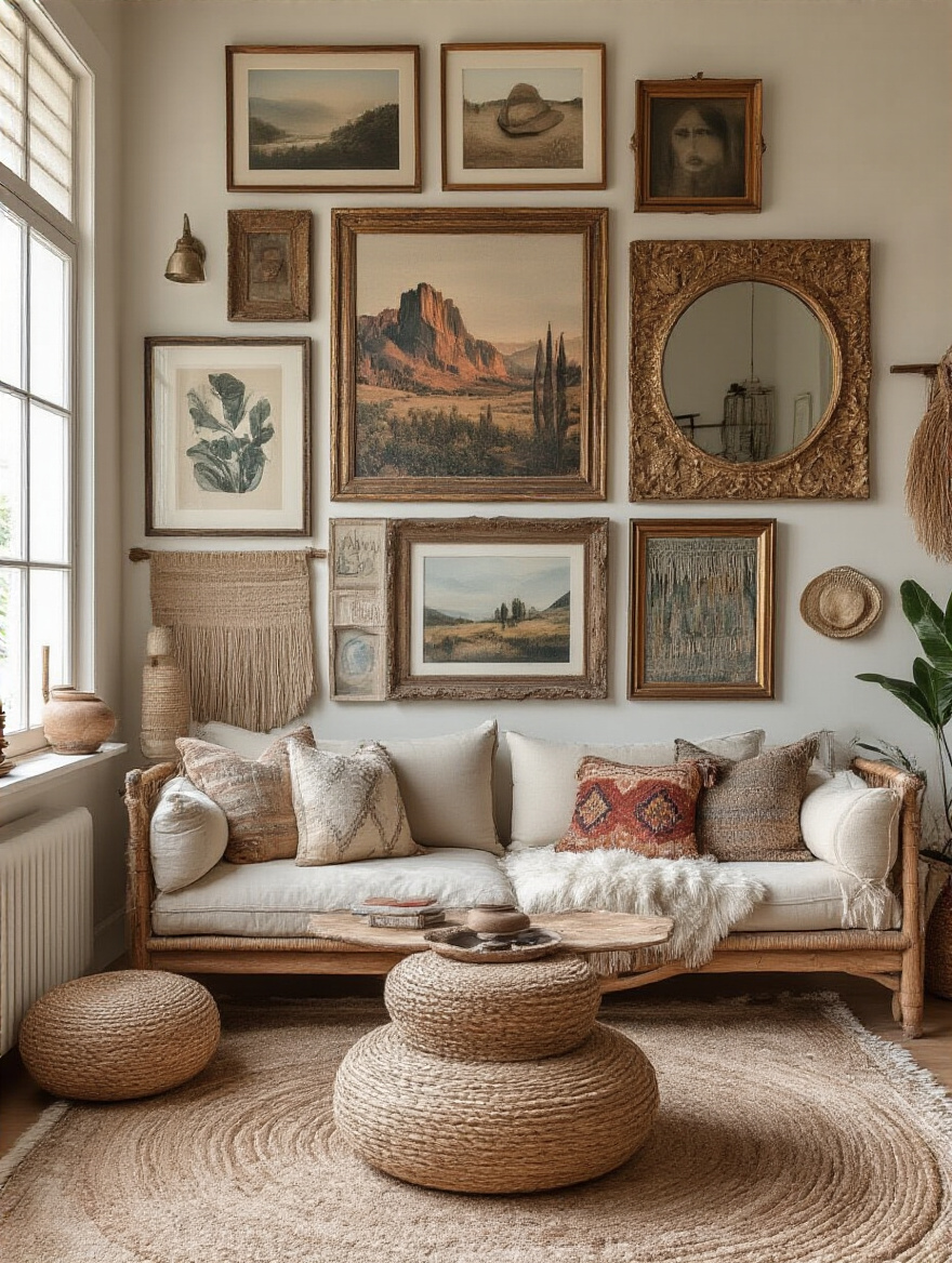Boho living room with eclectic photo and art gallery wall featuring diverse framed art and decorative objects