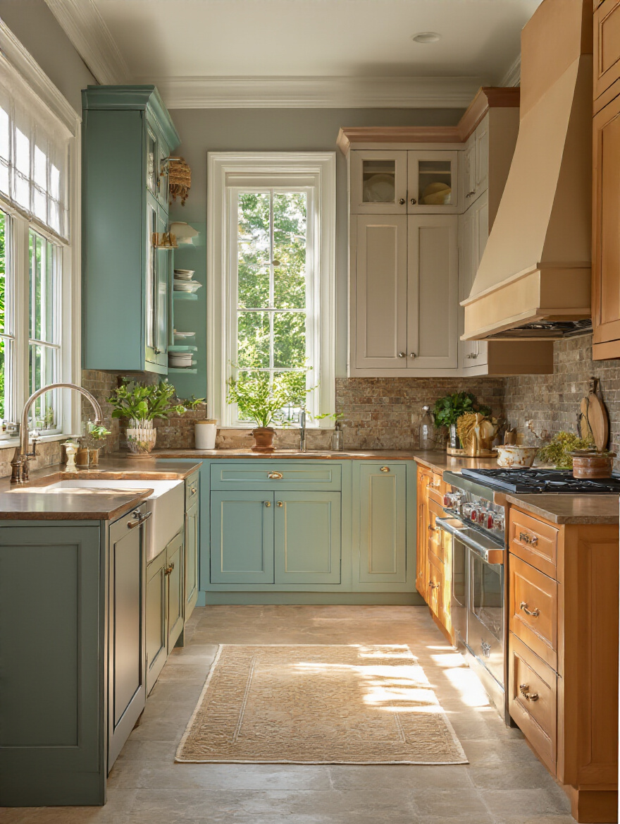 Professional kitchen interior showcasing various cabinet colors influenced by natural lighting
