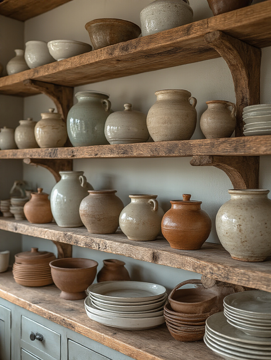 Collection of unique ceramic and earthenware pieces displayed on rustic shelves in a farmhouse kitchen.