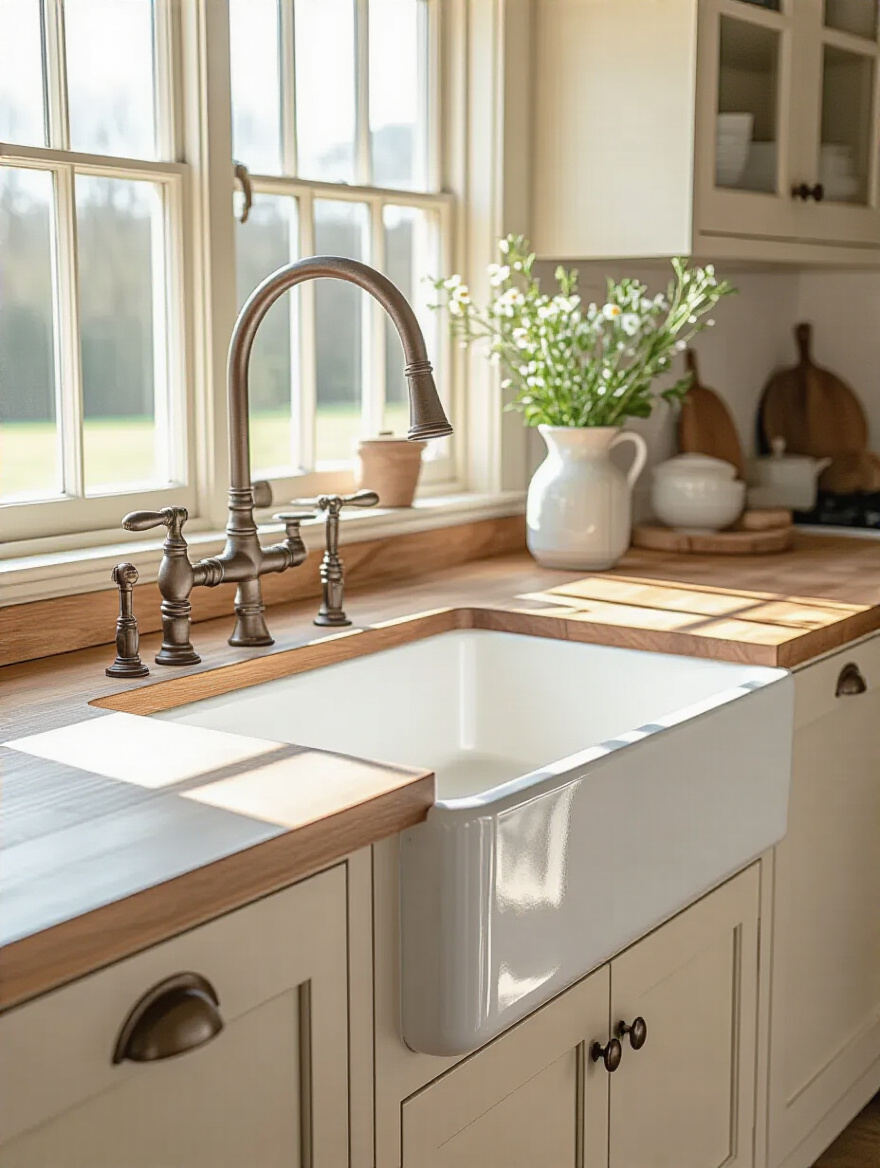 A statement farmhouse sink featured as a kitchen centerpiece with natural light illuminating the space.