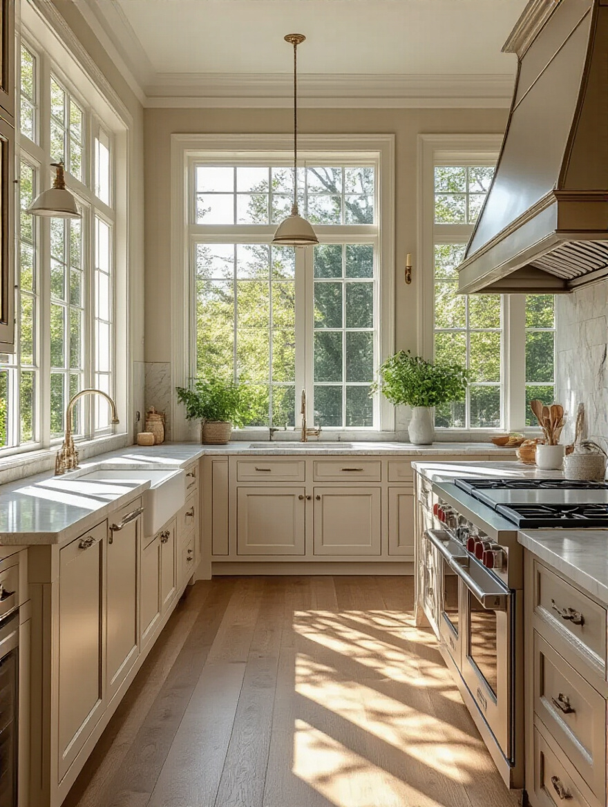 Professional kitchen interior with optimal island placement and clear pathways.