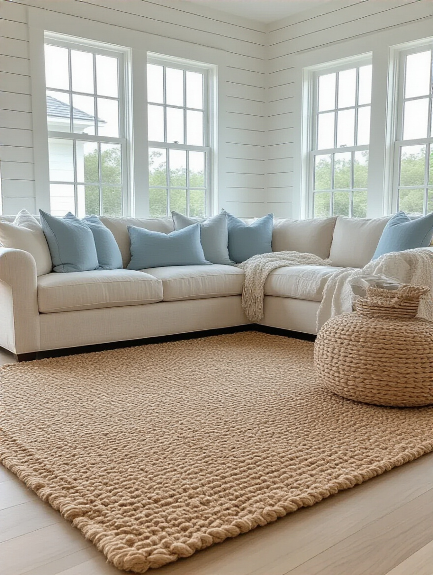 Coastal living room with light-toned natural fiber area rug