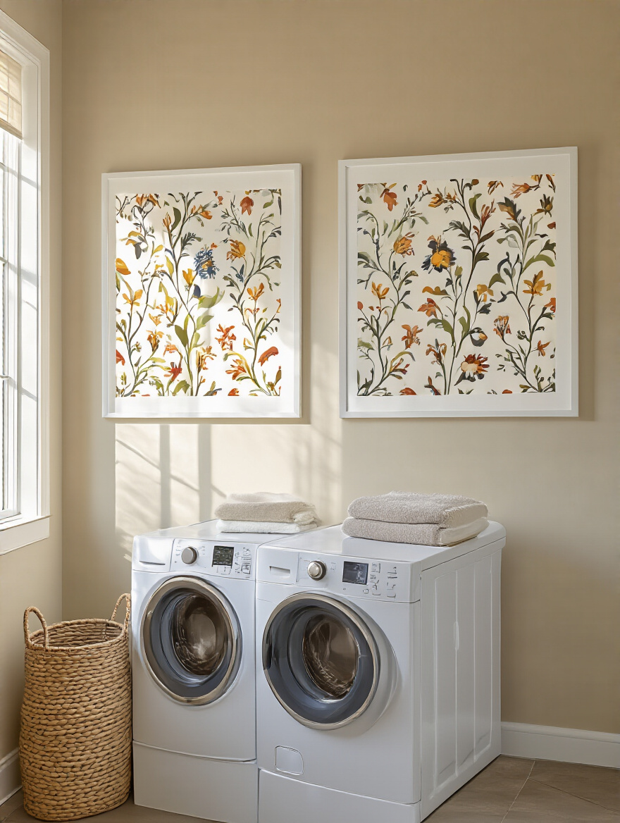 Framed wallpaper panels as instant art in a stylish laundry room with washer and dryer