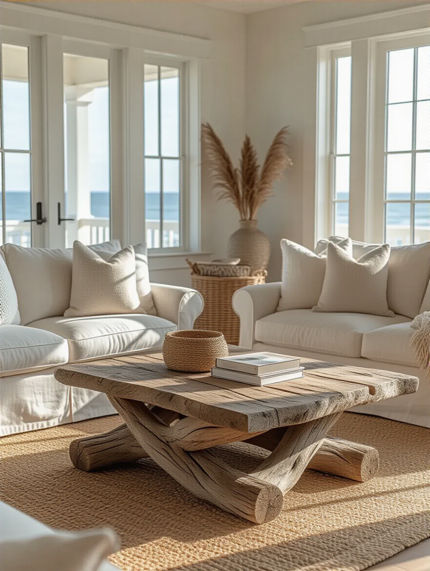 Coastal living room with weathered driftwood coffee table