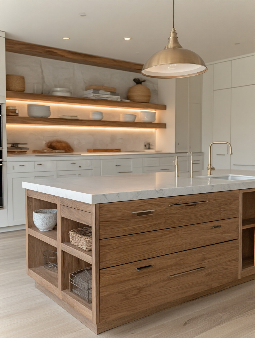Modern kitchen island with dedicated storage solutions including drawers, cabinets, and shelving.