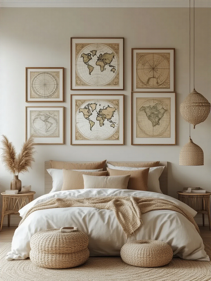 A cohesive gallery wall with framed art, vintage items, and decorative pieces in a serene bedroom setting.