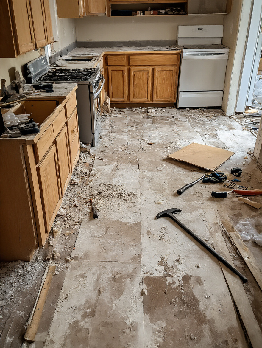 Kitchen demolition scene showcasing tools and safety gear