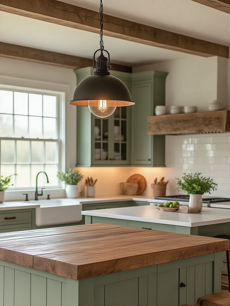 Industrial-inspired pendant lighting illuminating a farmhouse kitchen island