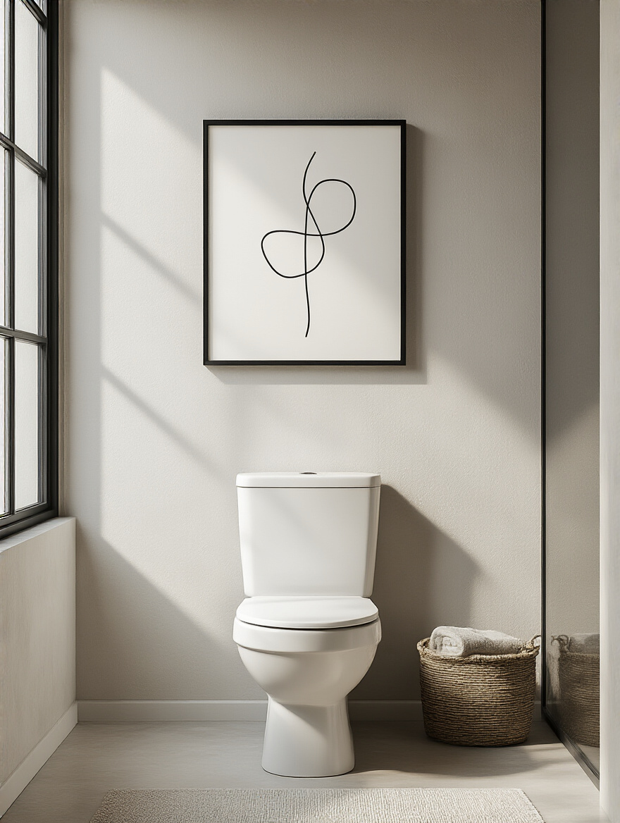 Minimalist wall art featuring abstract black lines on white canvas hung above toilet in modern bathroom