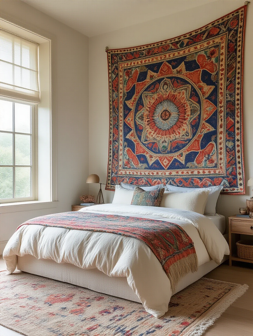 A cozy bedroom with a vibrant fabric tapestry above a king-sized bed, showcasing unique patterns and soft lighting.