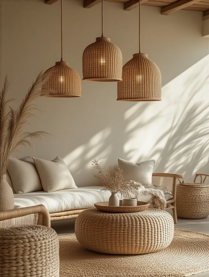 Coastal living room with woven pendant lighting fixtures