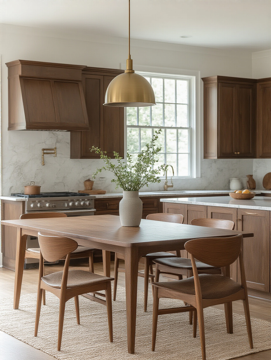 Portrait image of kitchen furniture harmonizing with traditional kitchen decor featuring wood dining table and mid-century modern chairs under brass pendant light