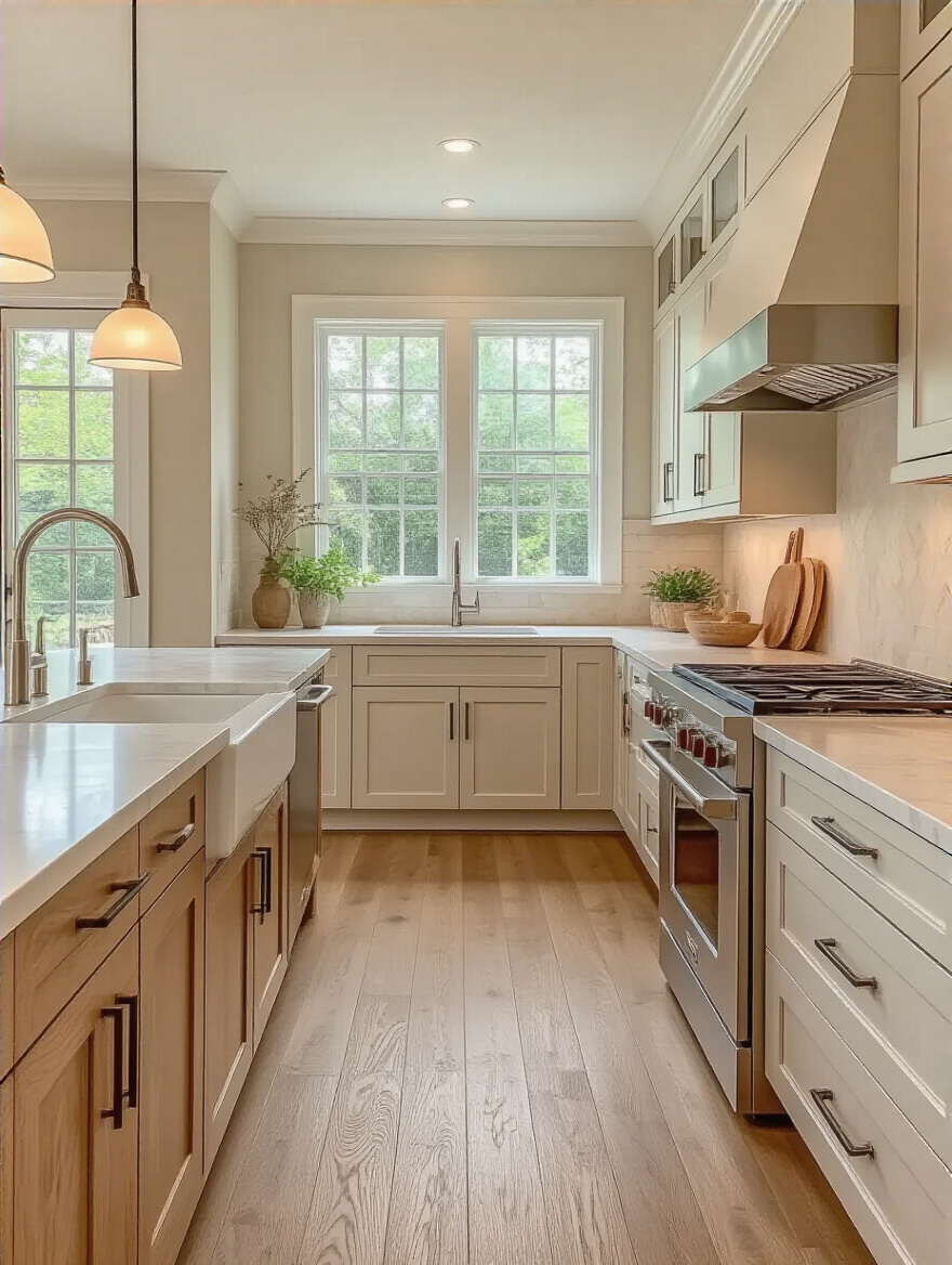 A modern kitchen with harmonious colors between cabinets, floors, and countertops.