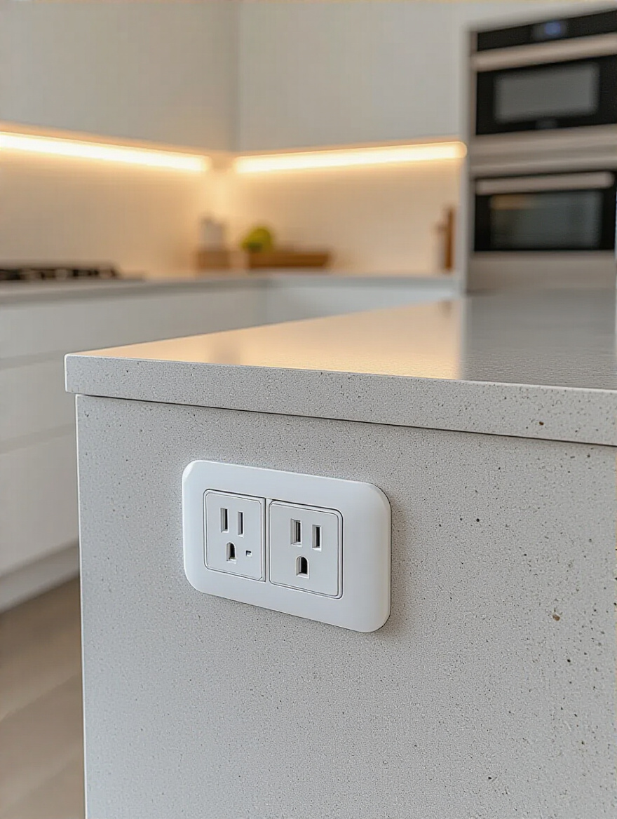 Modern kitchen quartz countertop with recessed pop-up outlet strip for a clean, uncluttered surface