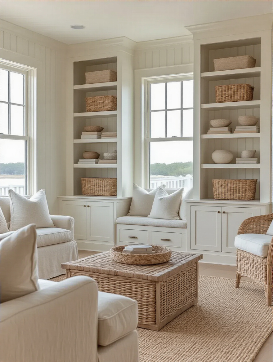 Coastal living room with smart built-ins showcasing discreet storage solutions