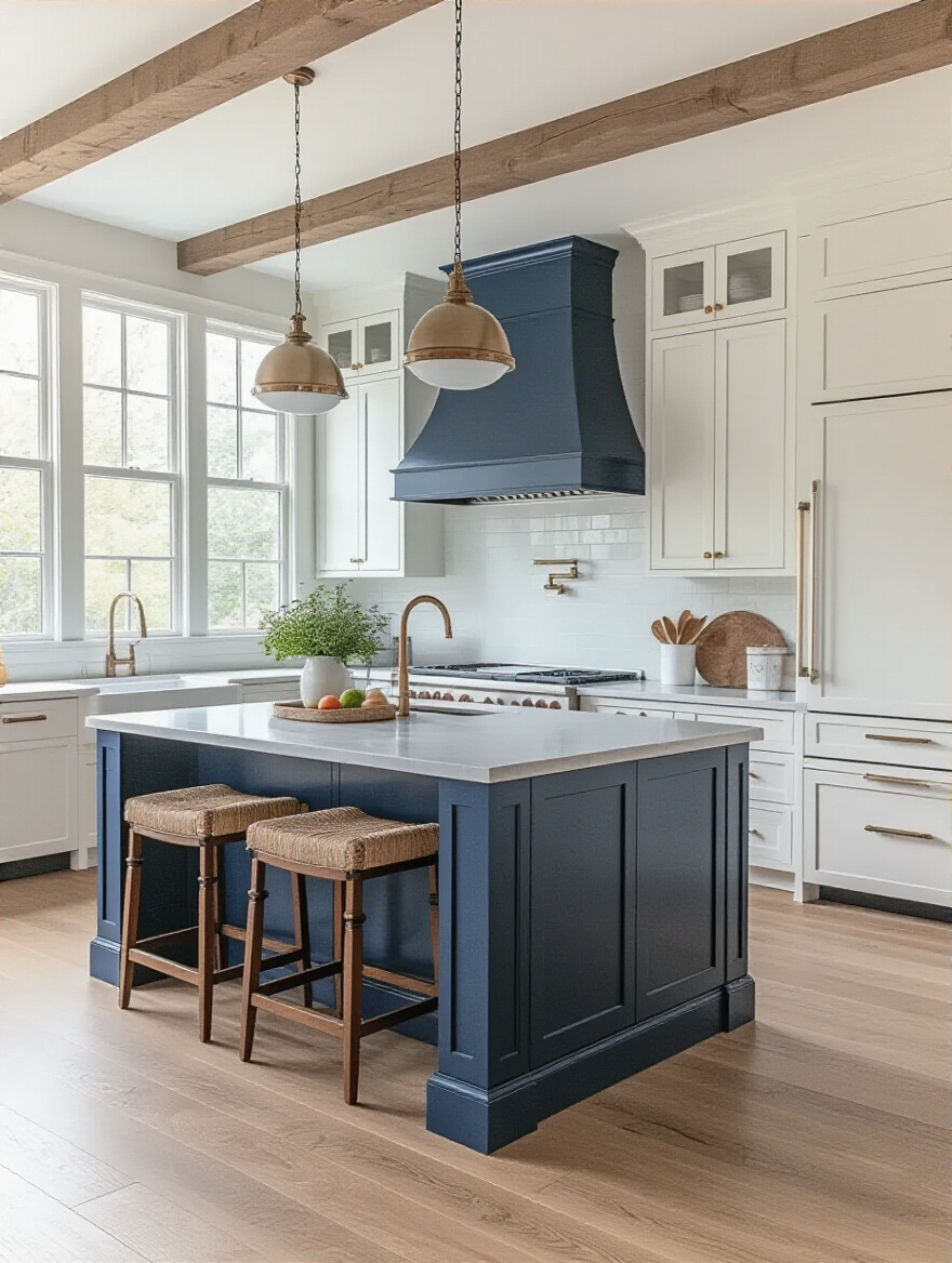 Modern kitchen with a bold navy blue island and white cabinetry