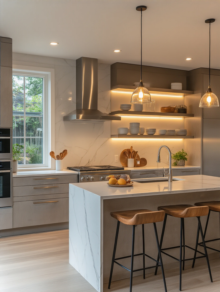 Modern kitchen interior featuring layered lighting design with ambient, task, and accent lights illuminating the space.