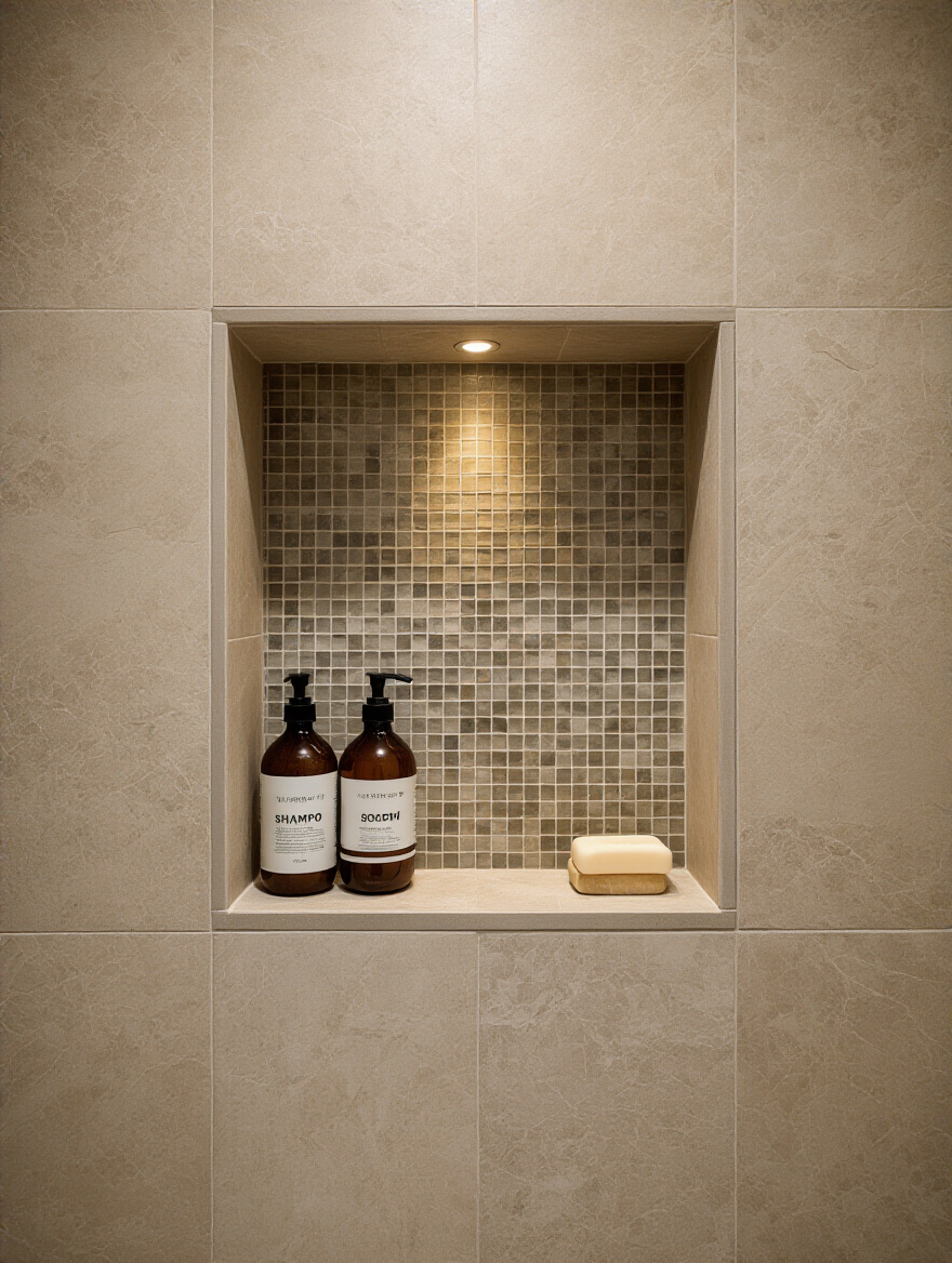 Portrait image of a modern bathroom shower with a recessed shower niche storing toiletries neatly, featuring contrasting mosaic tile and warm lighting