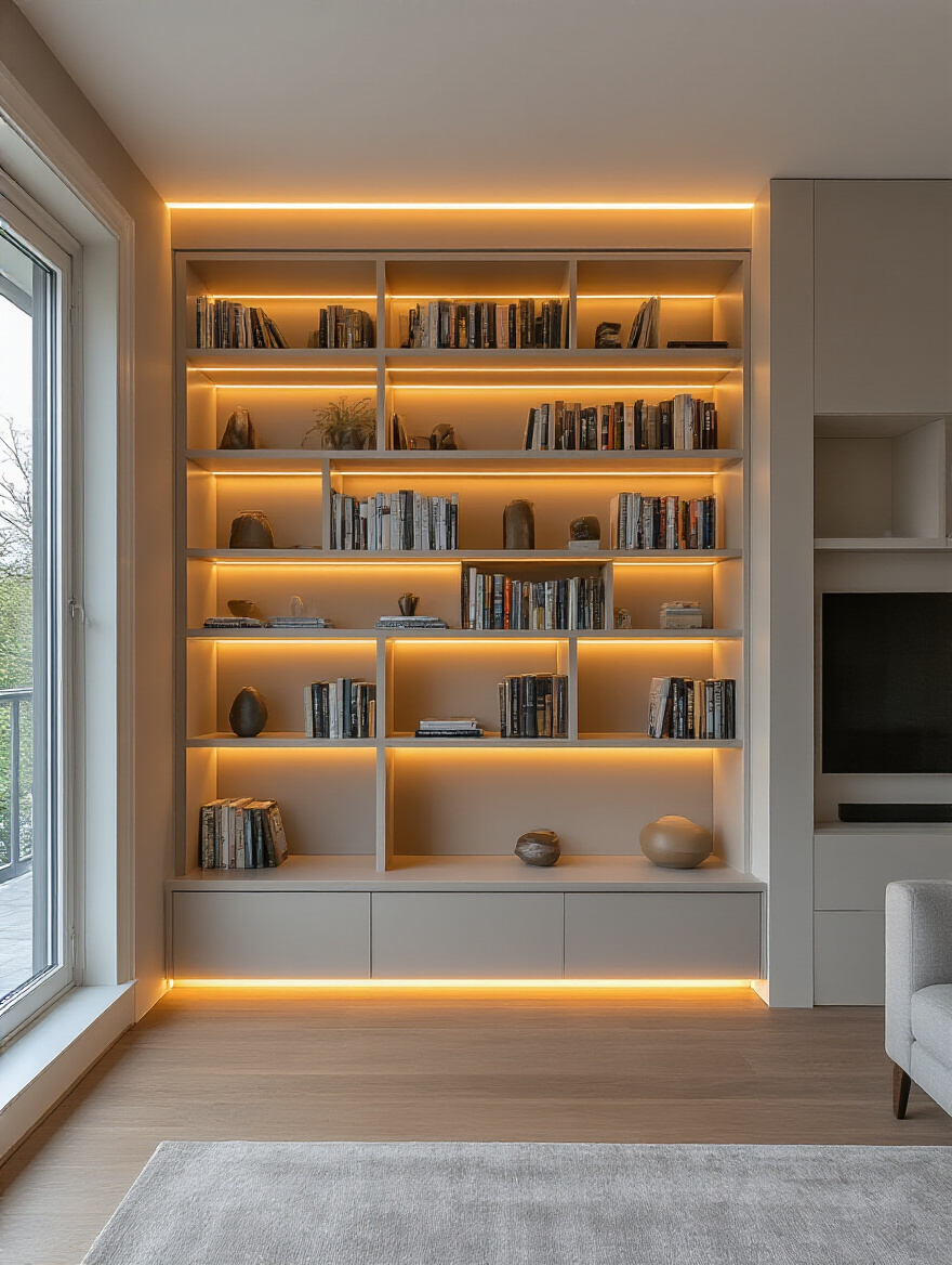 Modern living room with floor-to-ceiling built-in bookshelves integrated into the wall, illuminated with LED lighting, no people