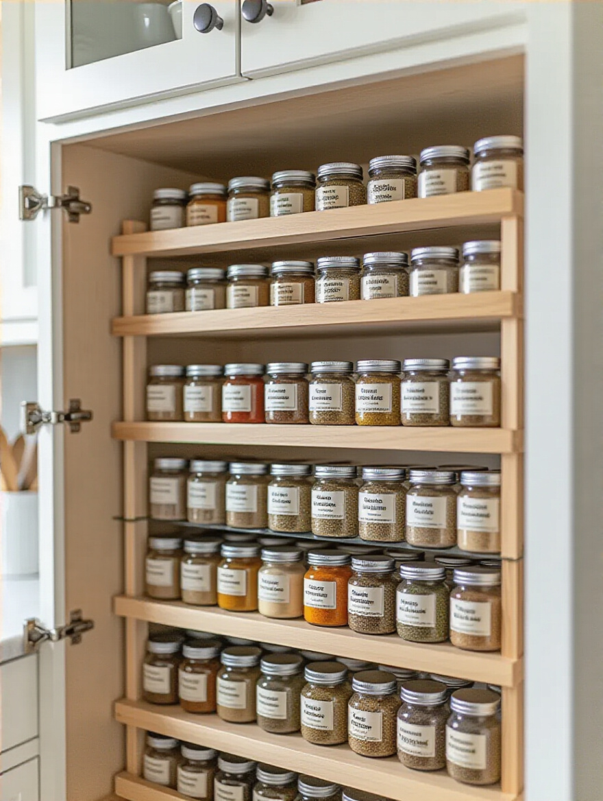 Portrait image of a modern kitchen cabinet with a fully stocked multi-level tiered spice rack showcasing organized labeled spice jars.