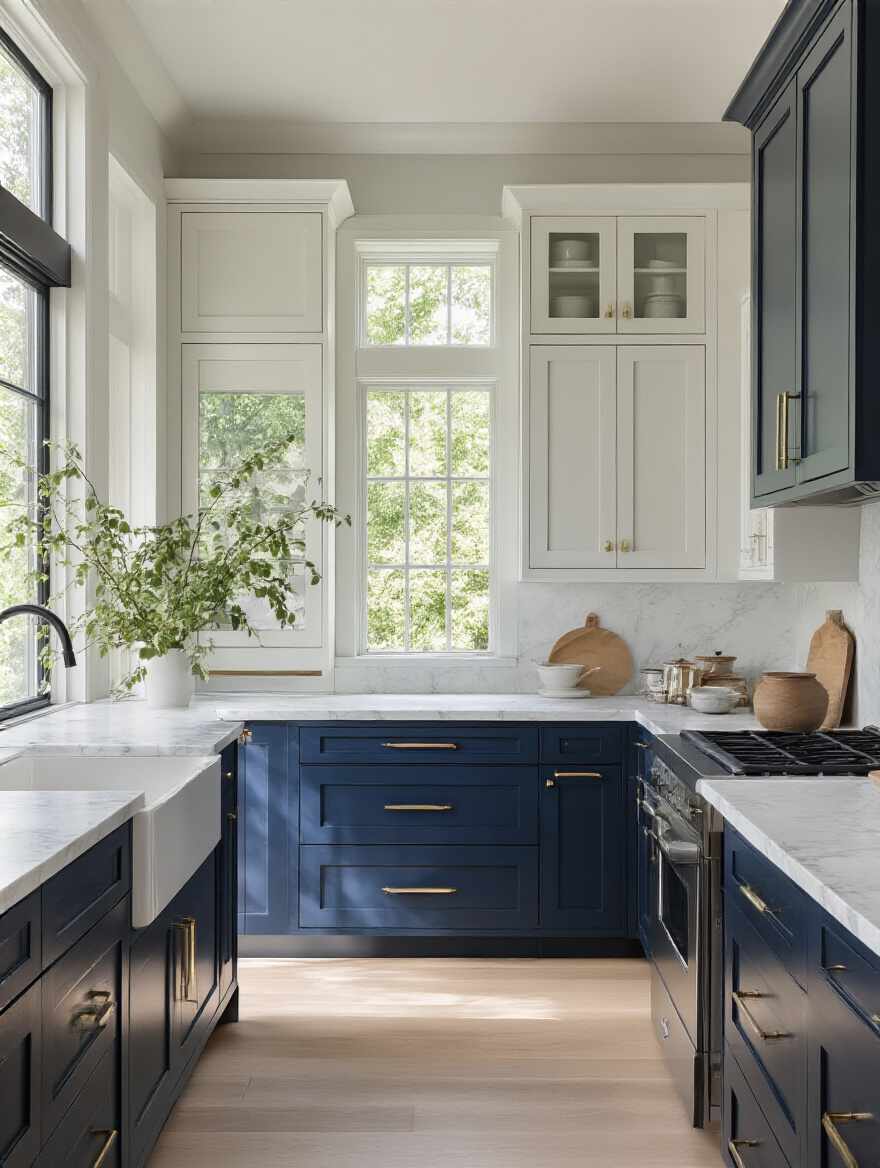 A modern kitchen featuring two-tone cabinets with white upper and navy blue lower sections.