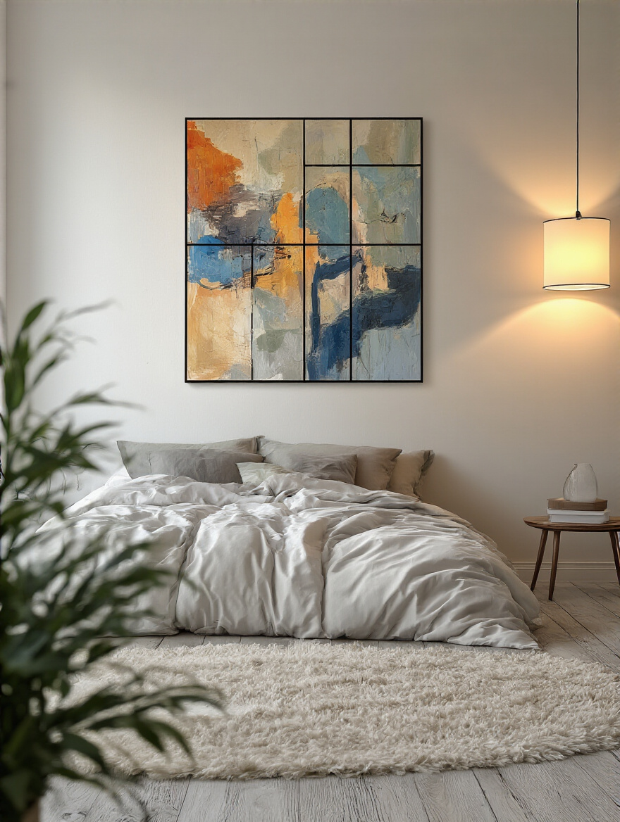 A bedroom wall using the Rule of Thirds with an abstract painting and decorative elements.