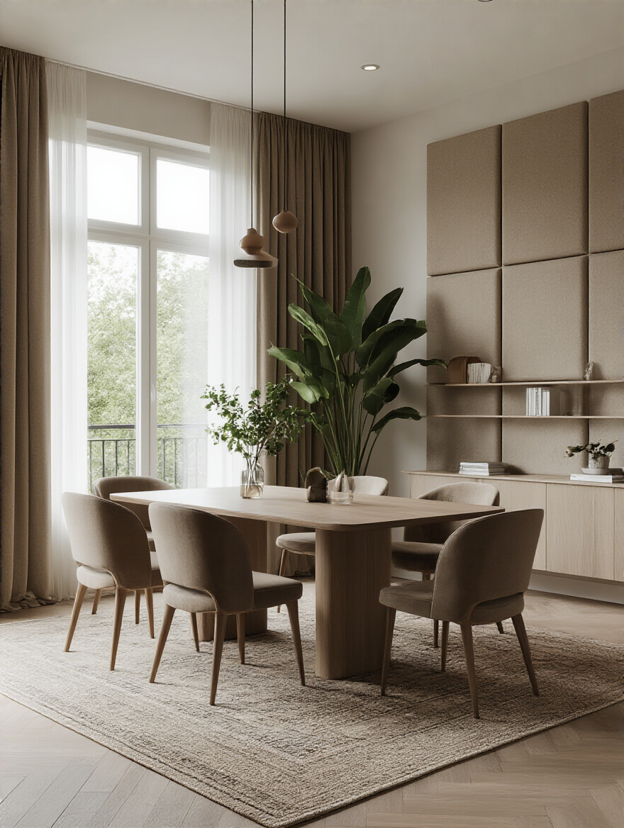 Modern dining room with acoustic panels, soft furnishings, and plants for improved comfort and conversation