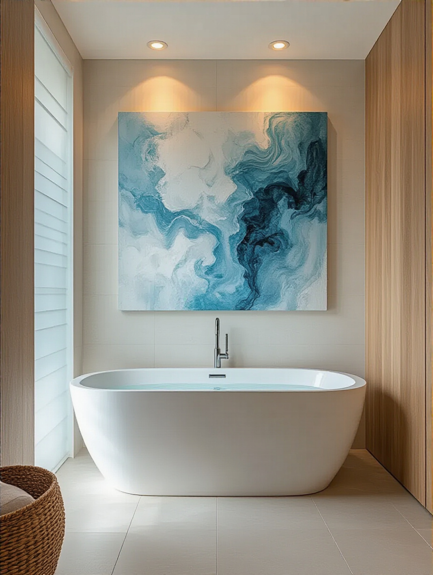 Modern bathroom interior featuring large abstract acrylic wall art above a white freestanding bathtub with natural and warm lighting