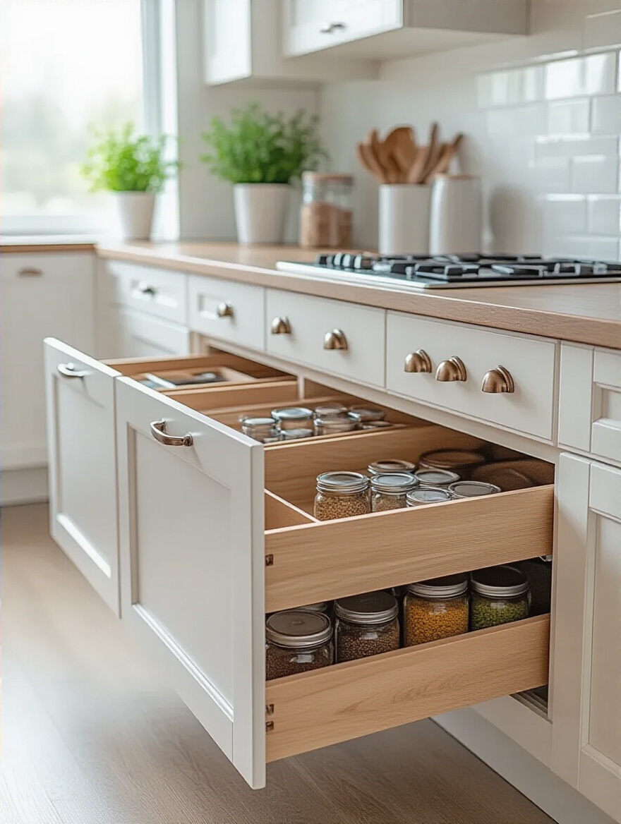 Modern kitchen base cabinet with fully extended customizable pull-out drawers showcasing organized storage with dividers and shelving