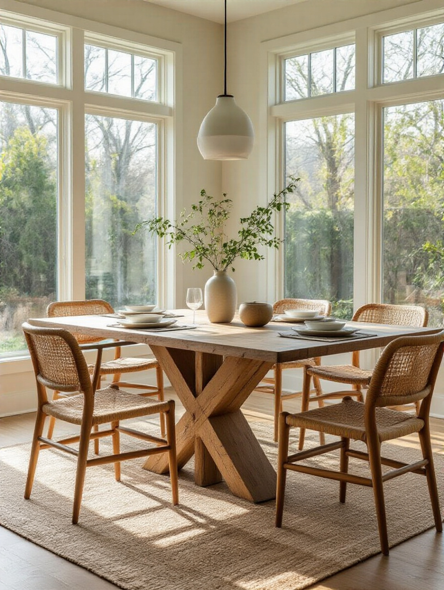 Modern dining room featuring eco-conscious materials with reclaimed wood table and recycled metal chairs in natural lighting