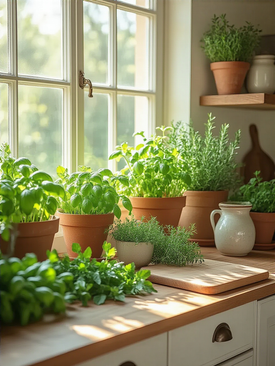A farmhouse kitchen with fresh herbs on the windowsill.