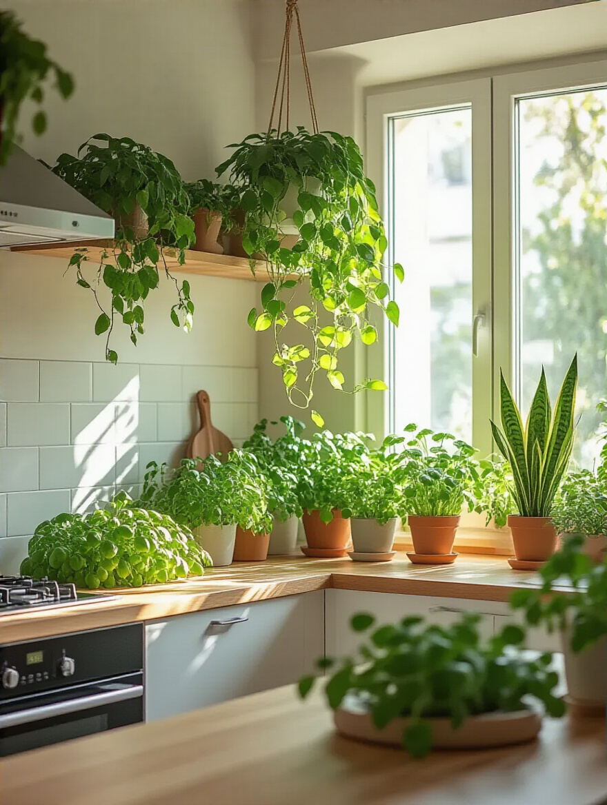 Modern kitchen interior featuring living greenery with potted herbs, hanging plants, and a statement snake plant under natural sunlight