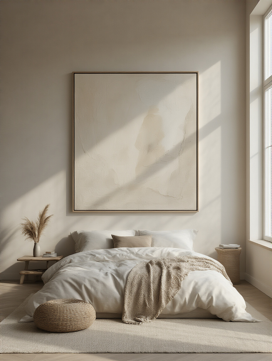 Minimalist bedroom featuring an oversized abstract painting with ample negative space around it.