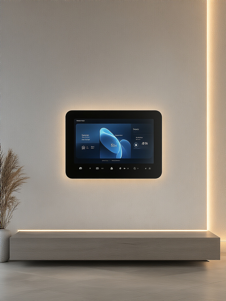 Modern living room wall with sleek integrated smart home display showing digital art and controls