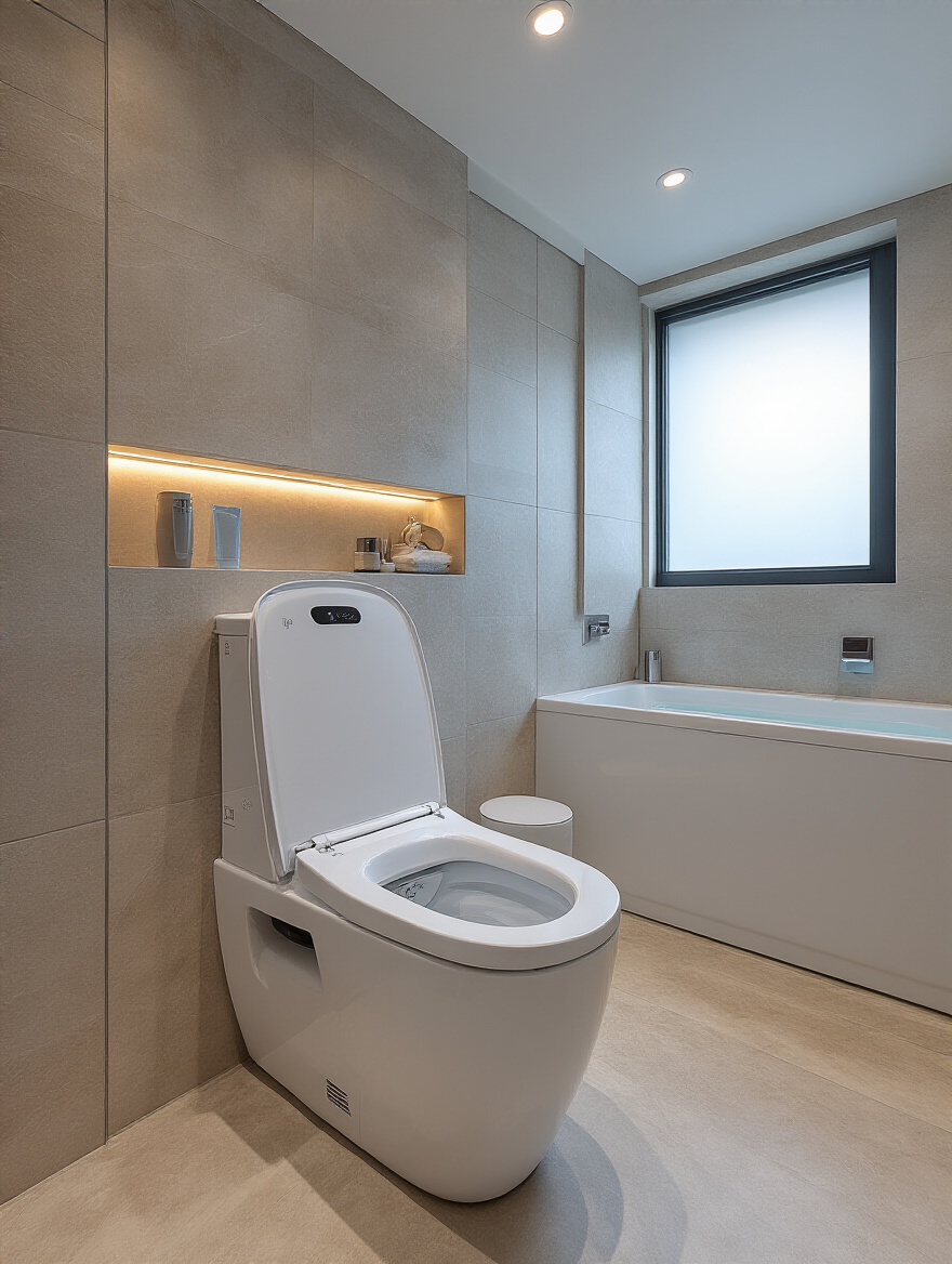 Modern smart toilet with bidet and heated seat features in a stylish bathroom interior