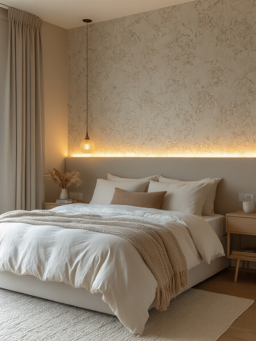 Bedroom with textured wallpaper adding depth and warmth