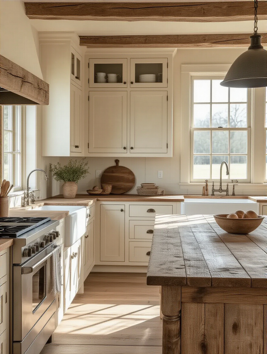Cozy farmhouse kitchen with timeless wood finishes and distressed elements