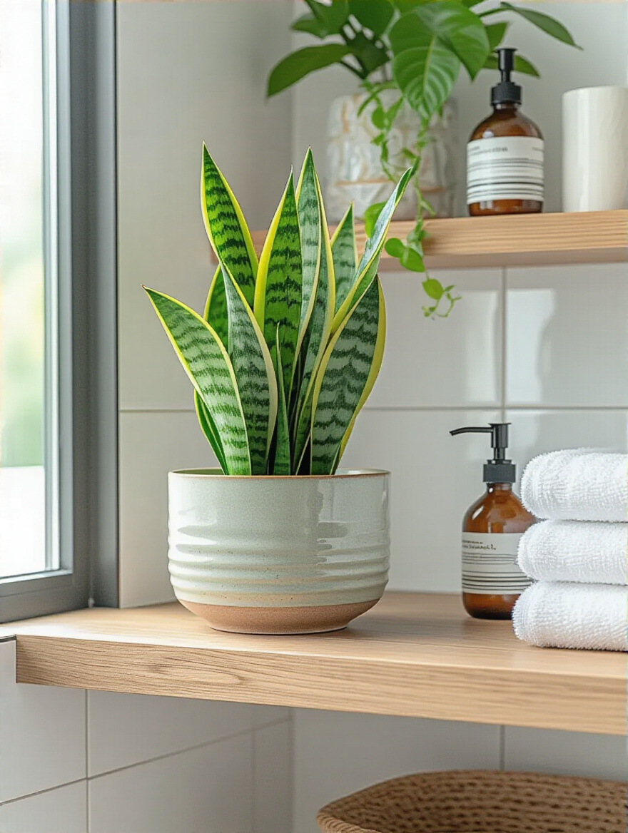 Modern bathroom corner with a live green plant in a ceramic pot on a floating shelf, natural indirect light highlighting vibrant leaves