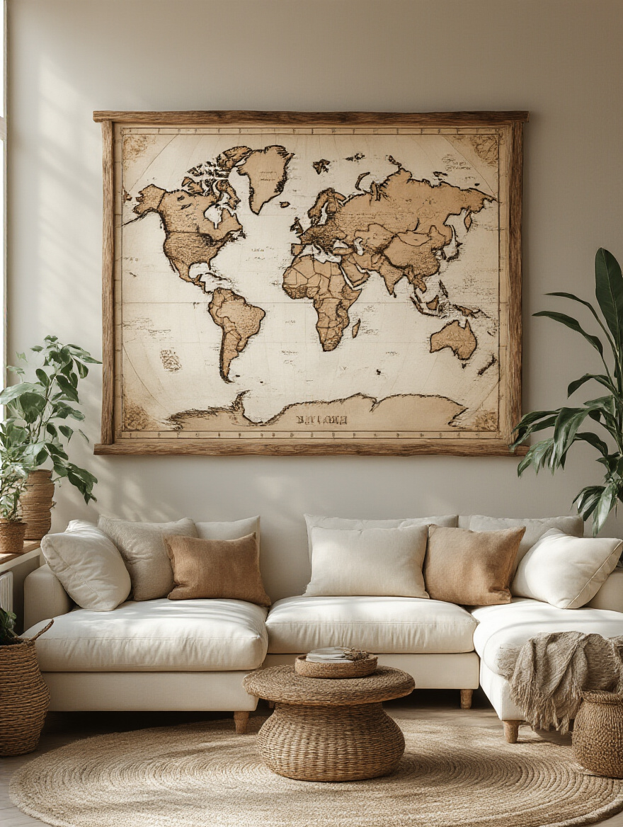 Boho living room with a vintage world map mounted above a cream sectional sofa, warm natural lighting highlighting the map